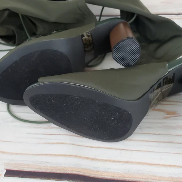 Olive green open toe lace up thigh high boots - Picture 5 of 5